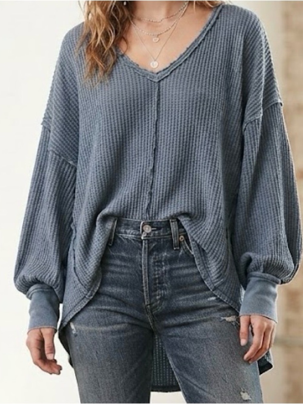 Free People Blue Thermal Waffle Knit Oversized Raw Edge Top L Caroline